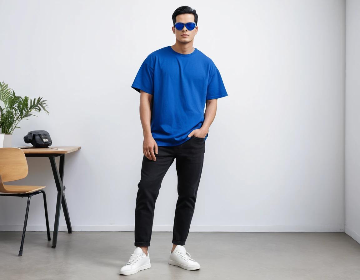 Men's solid royal blue half sleeve oversized  t-shirt.