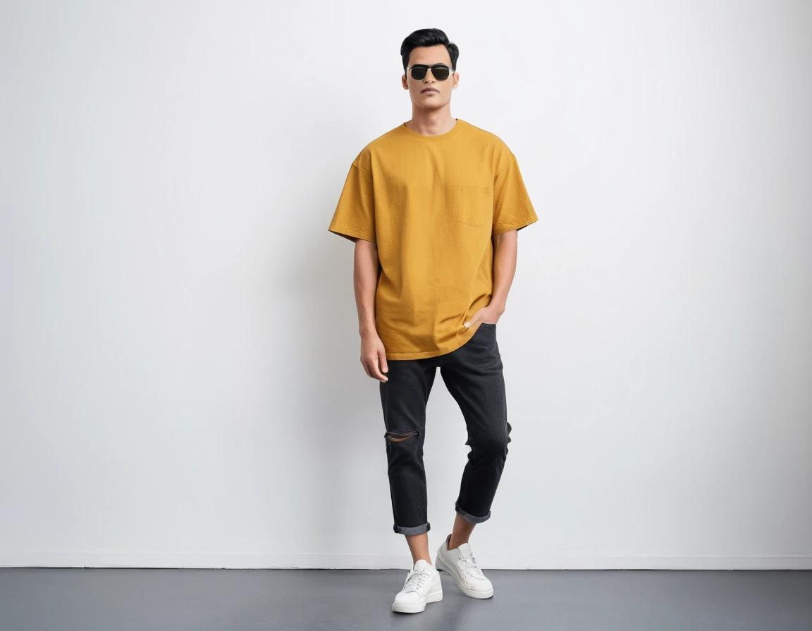 Men's solid mustard yellow half sleeve oversized  t-shirt.