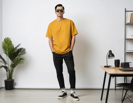 Men's solid mustard yellow half sleeve oversized  t-shirt.