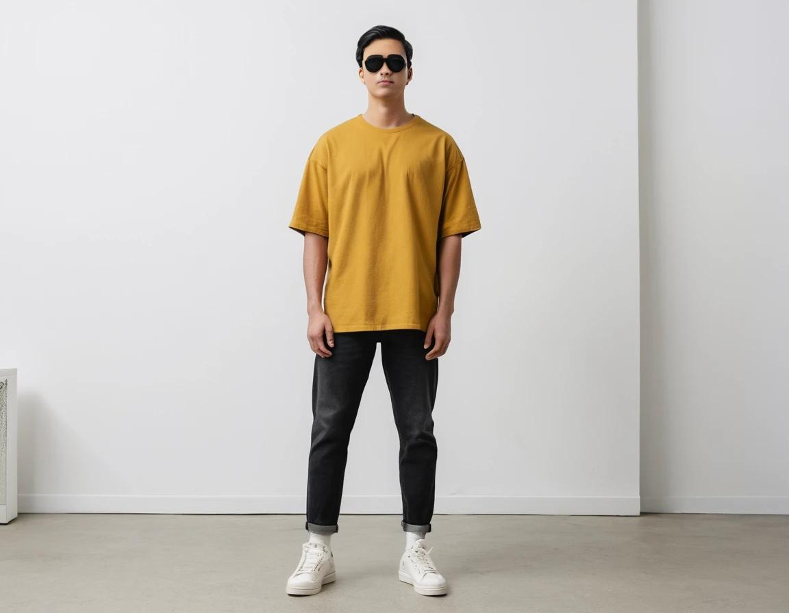 Men's solid mustard yellow half sleeve oversized  t-shirt.