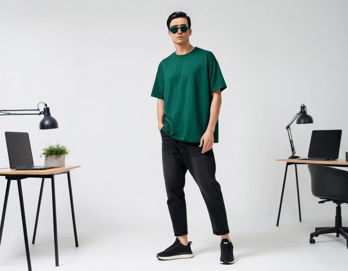 Men's solid bottle green half sleeve oversized  t-shirt.