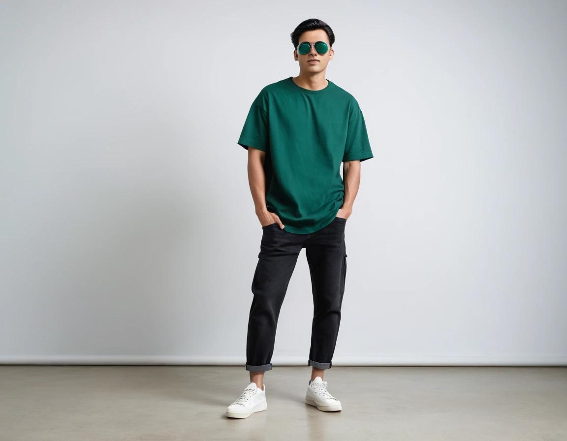 Men's solid bottle green half sleeve oversized  t-shirt.