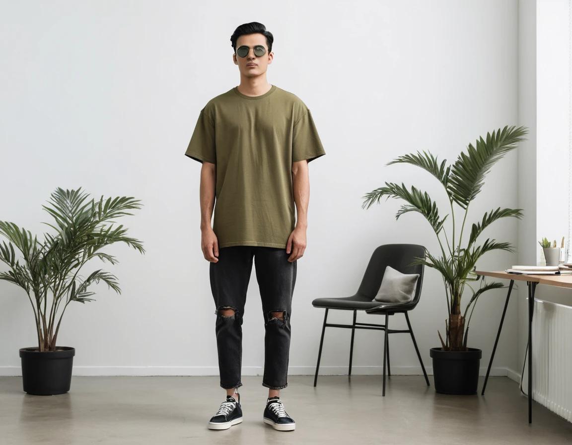 Men's solid olive green half sleeve oversized  t-shirt.