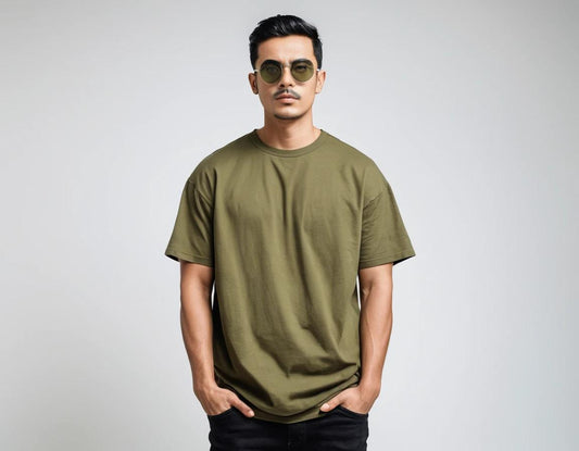 Men's solid olive green half sleeve oversized  t-shirt.