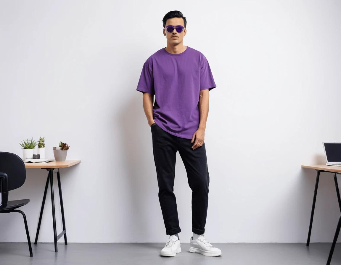 Men's solid purple half sleeve oversized  t-shirt.