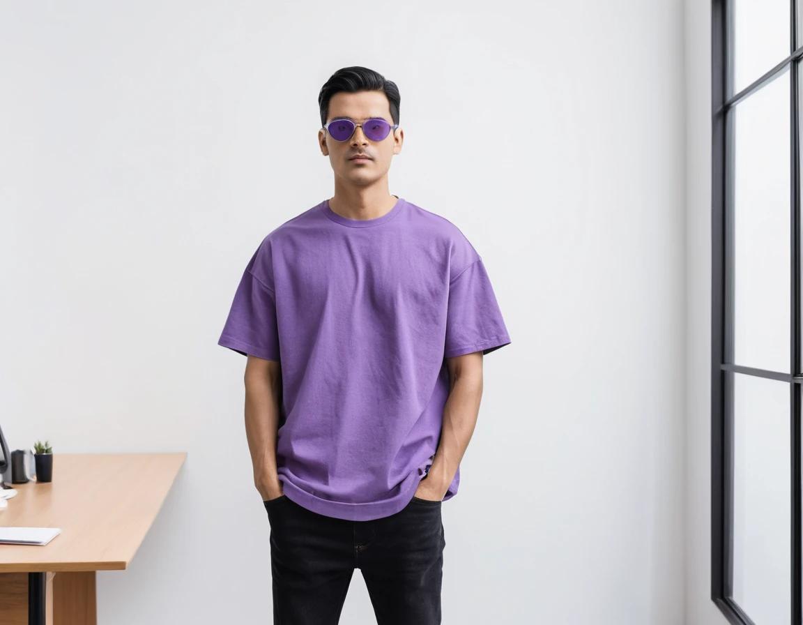 Men's solid purple half sleeve oversized  t-shirt.
