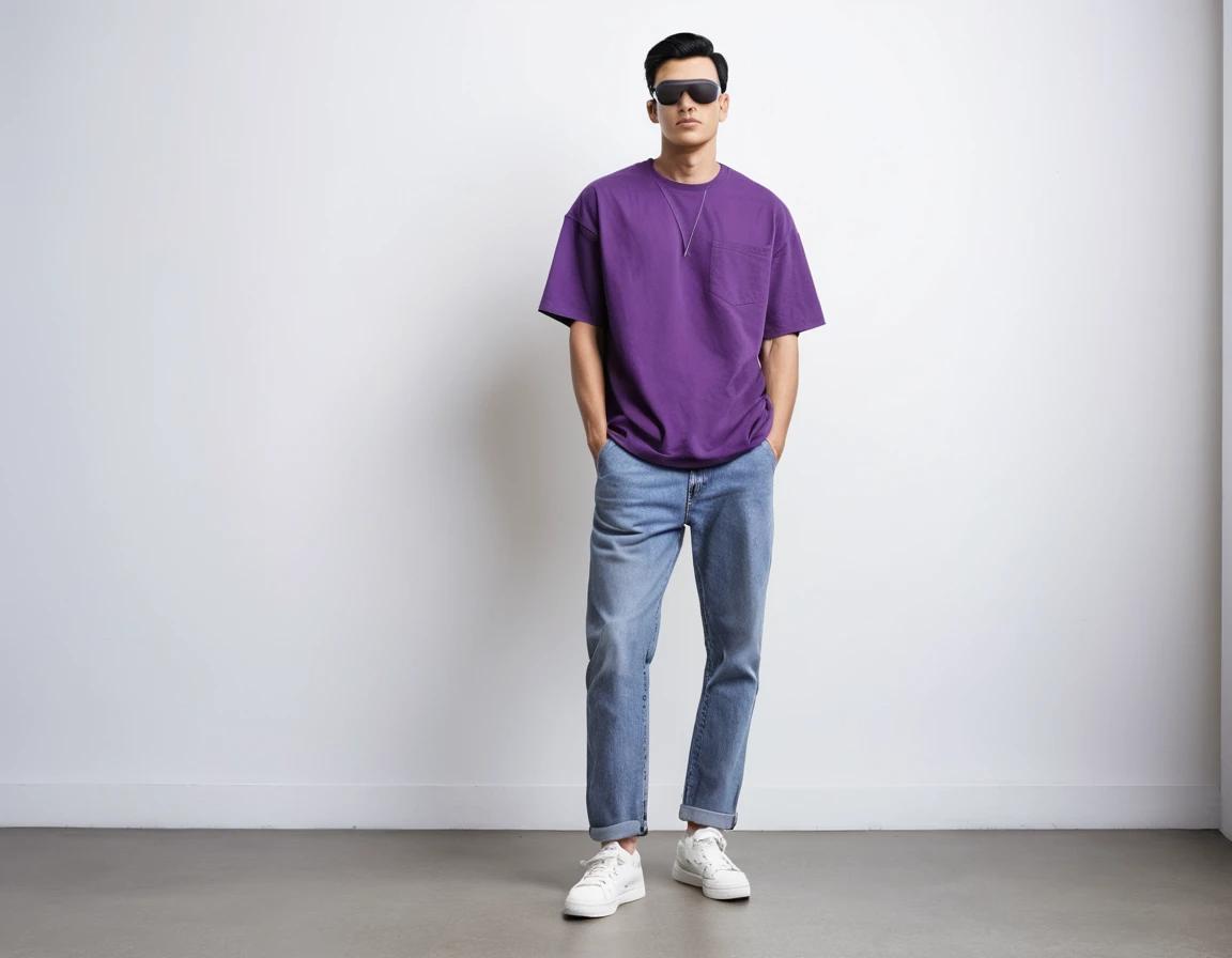 Men's solid purple half sleeve oversized  t-shirt.