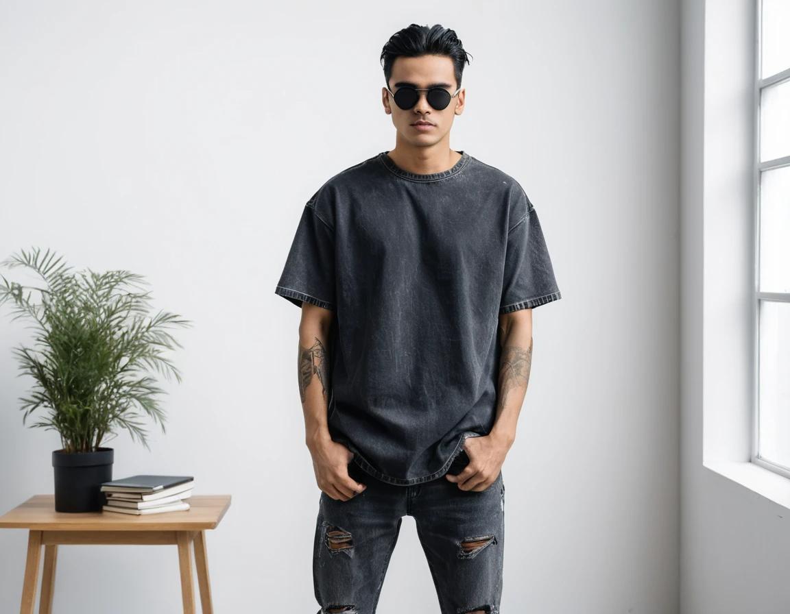 Men's solid black acid-wash oversized t-shirt