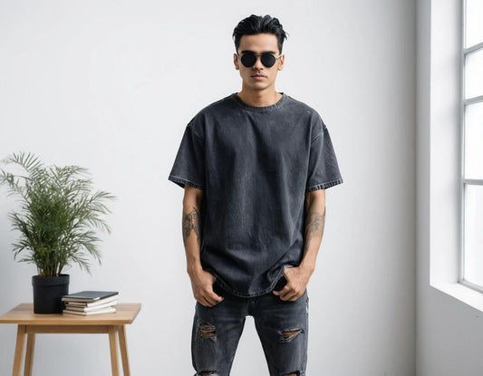 Men's solid black acid-wash oversized t-shirt