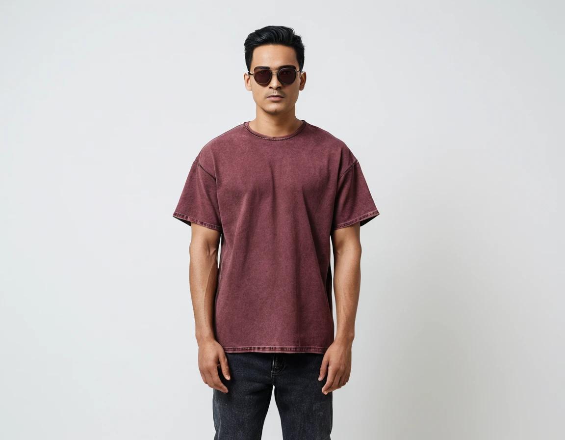 Men's solid maroon acid wash t-shirt