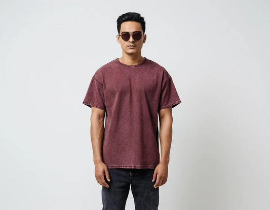 Men's solid maroon acid wash t-shirt