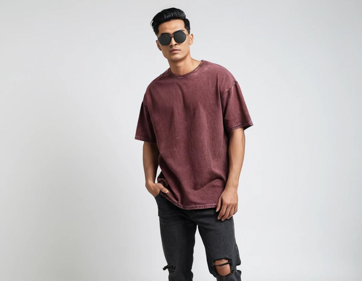 Men's solid maroon acid wash t-shirt