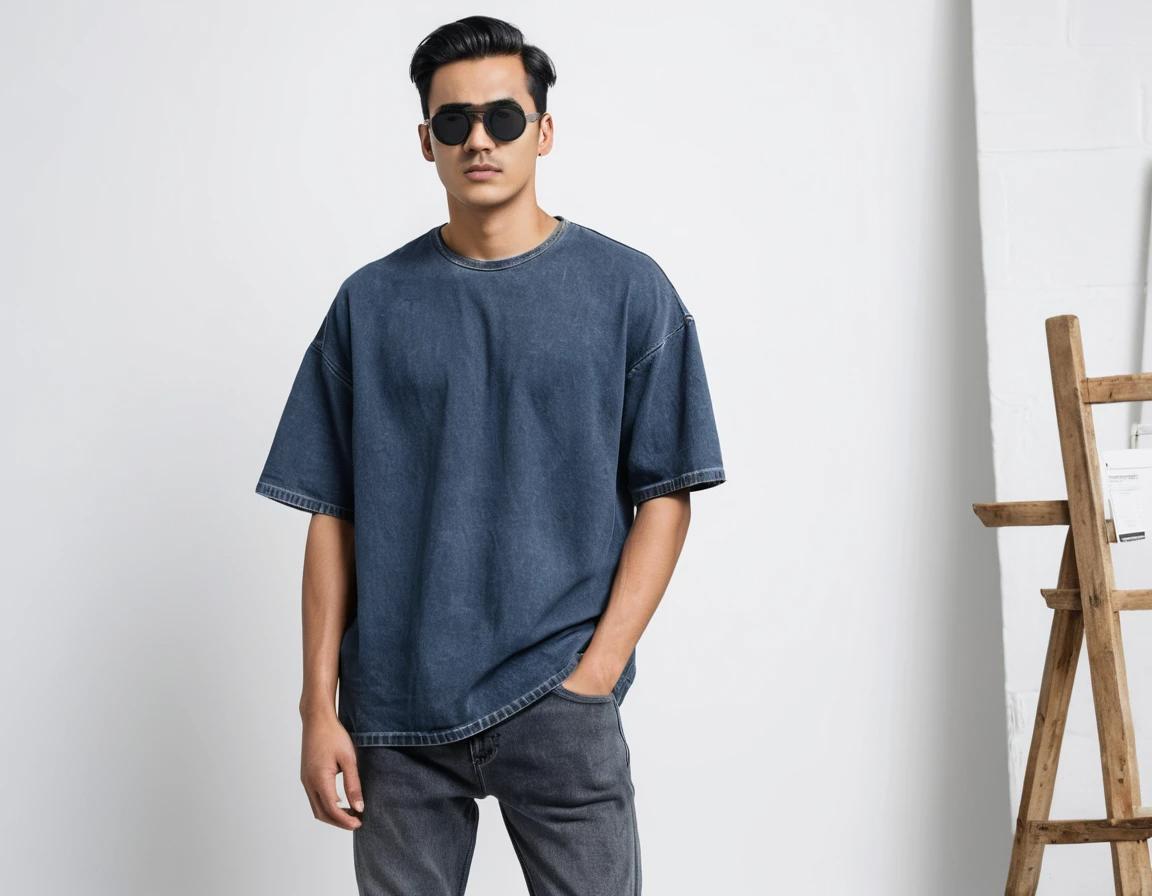 Men's navy blue acid-wash t-shirt