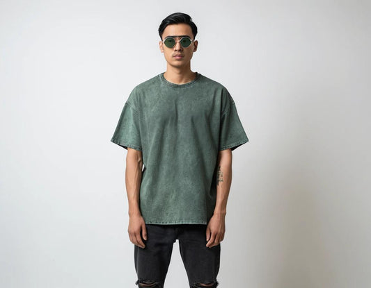 Men's solid bottle green acid-wash t-shirt