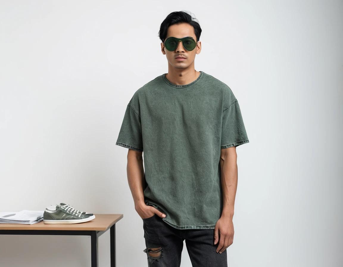 Men's solid bottle green acid-wash t-shirt