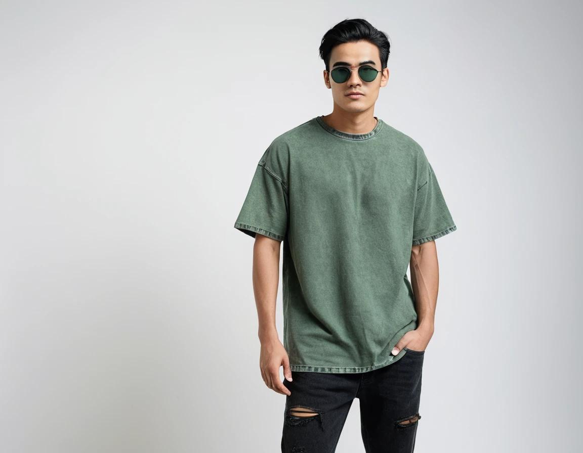 Men's solid bottle green acid-wash t-shirt