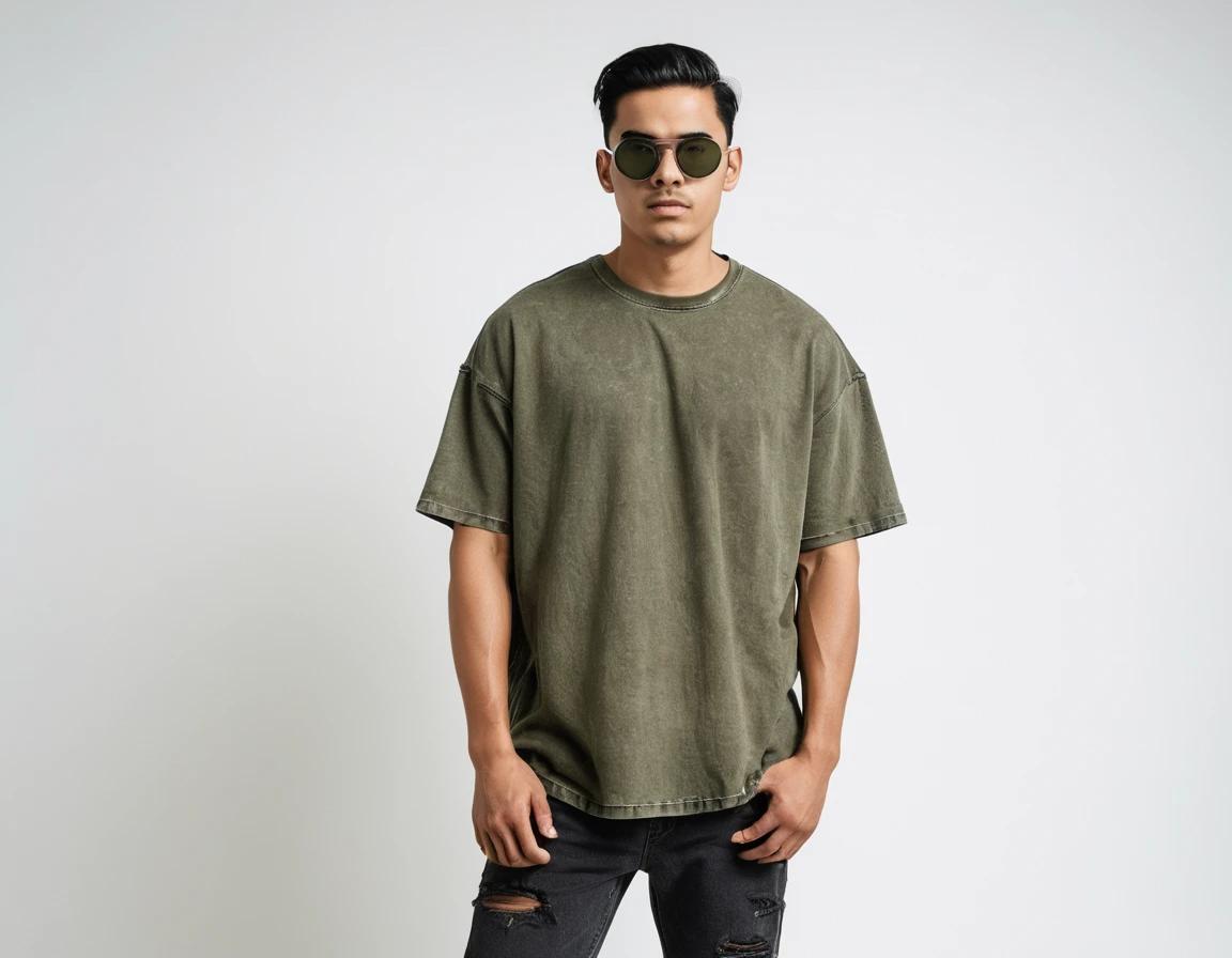 Men's solid olive green acid-wash t-shirt