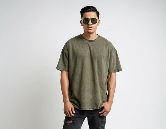 Men's solid olive green acid-wash t-shirt