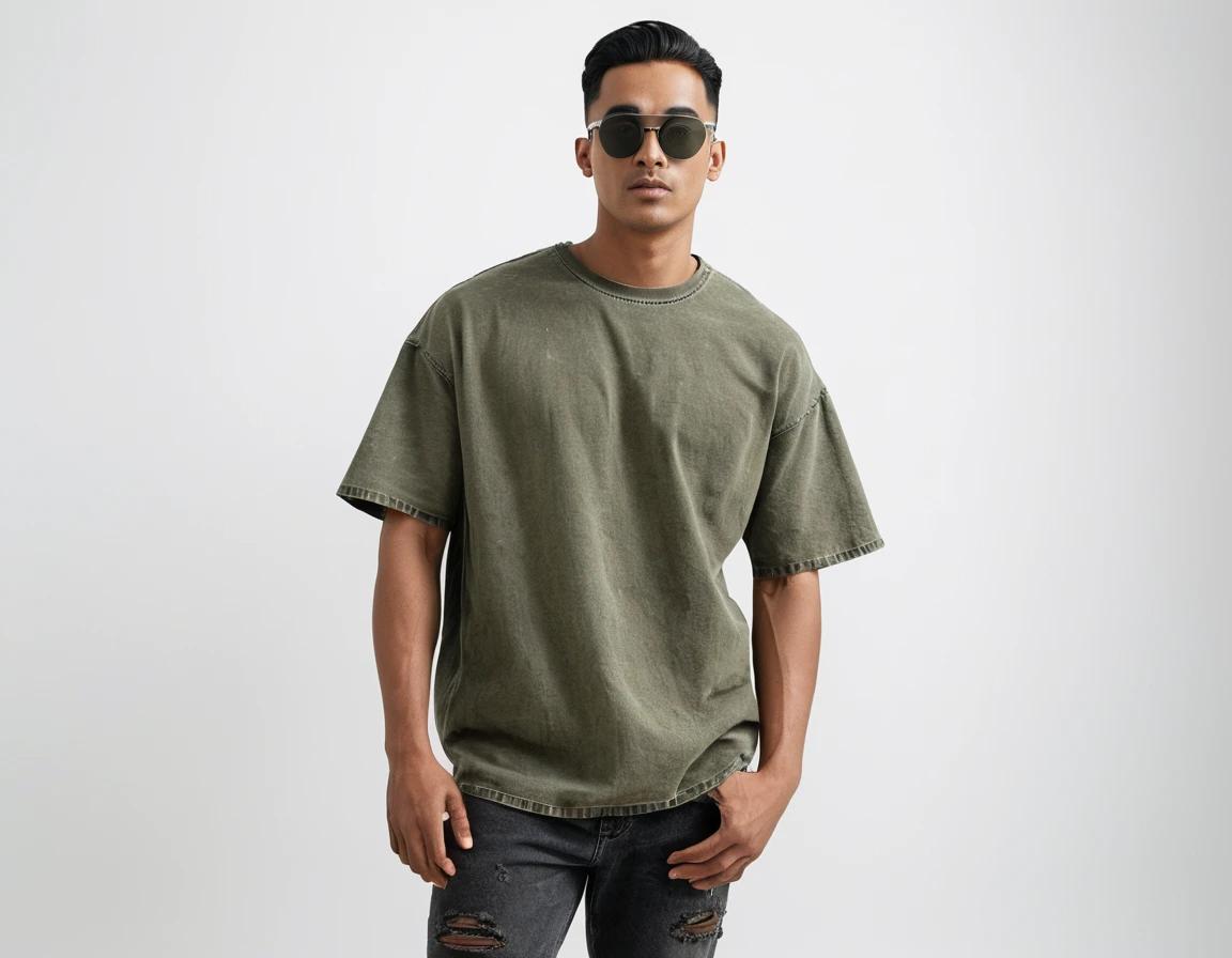 Men's solid olive green acid-wash t-shirt