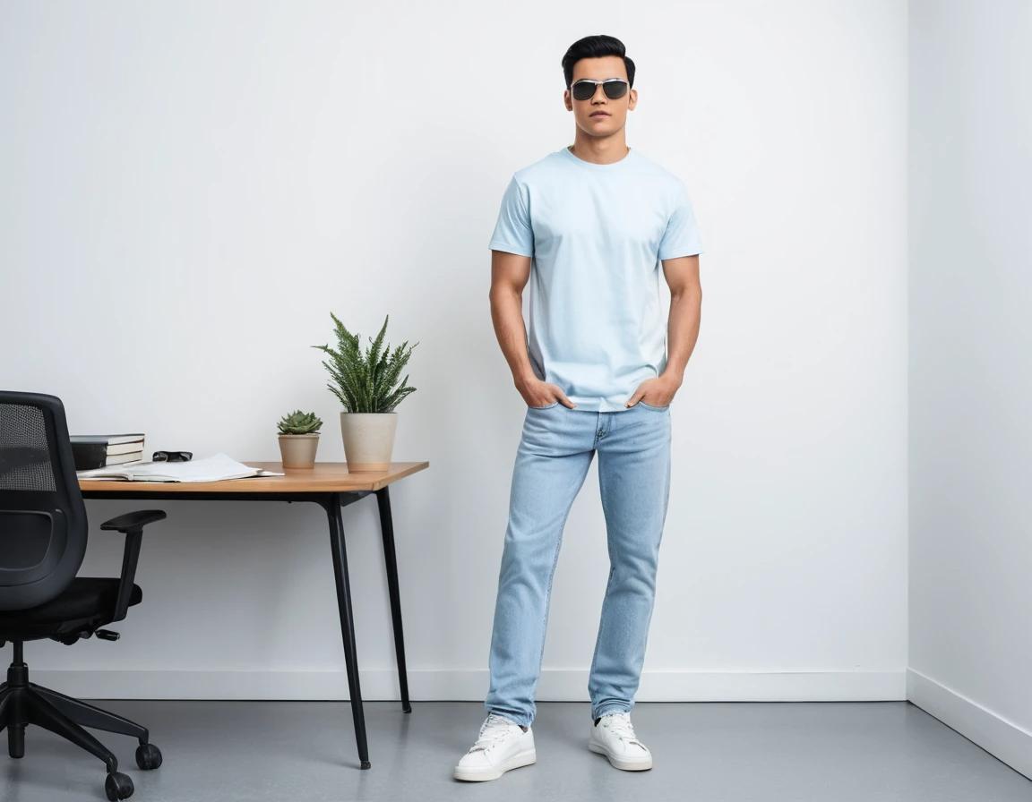 Men's  washed blue straight fit jeans