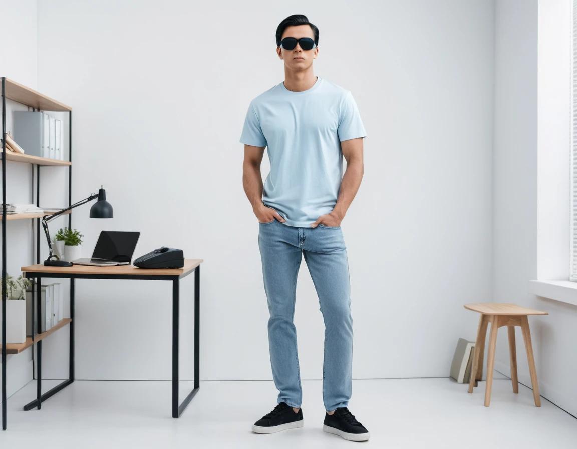 Men's  washed blue straight fit jeans