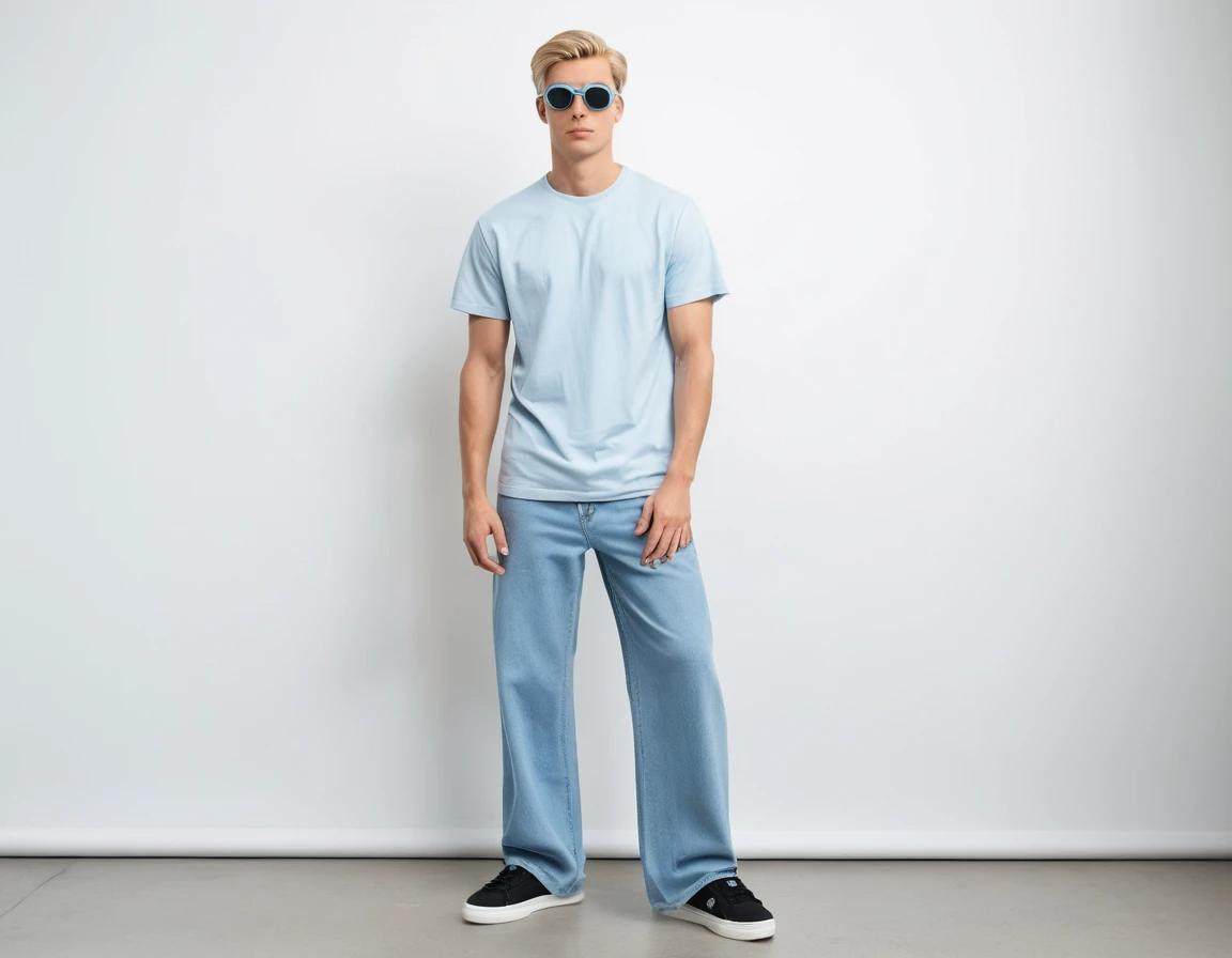 Men's washed blue baggy jeans