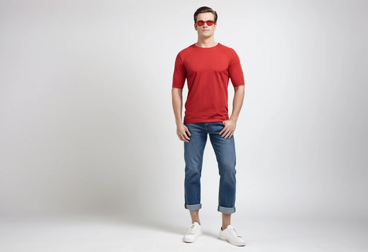 Men's solid red half sleeve round neck t-shirt.