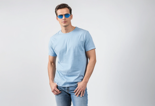 Men's solid baby blue half sleeve round neck t-shirt.