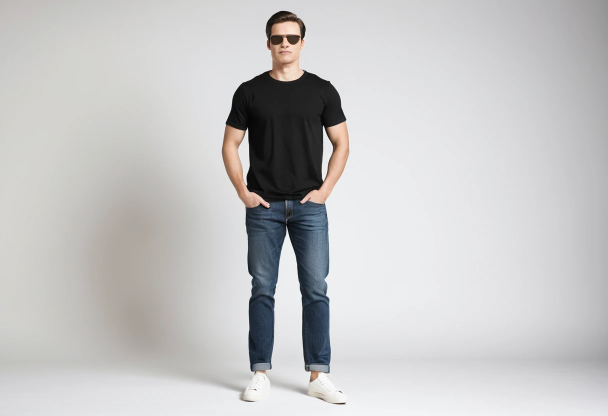 Men's solid black half sleeve round neck t-shirt.