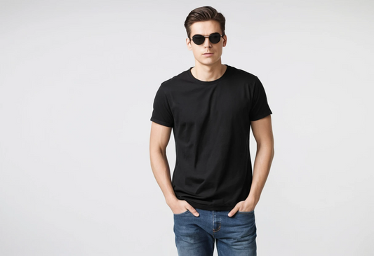 Men's solid black half sleeve round neck t-shirt.