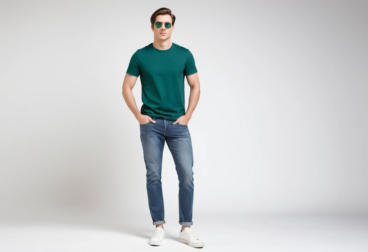 Men's solid bottle green half sleeve round neck t-shirt.