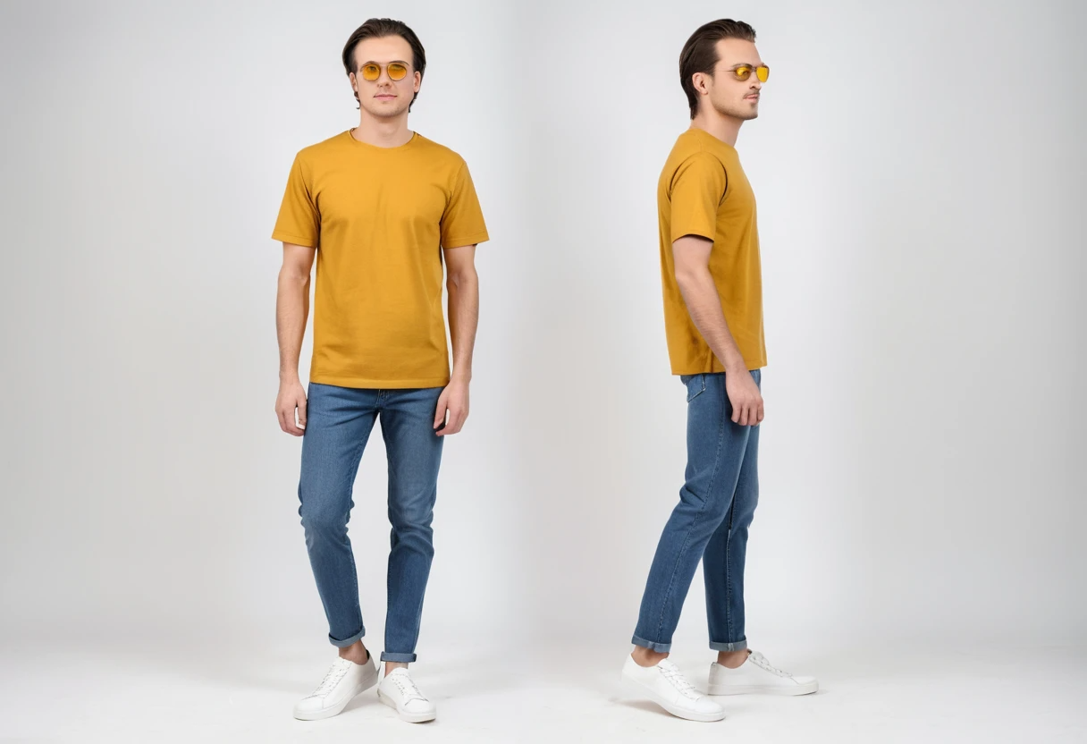 Men's solid mustard yellow half sleeve round neck t-shirt.