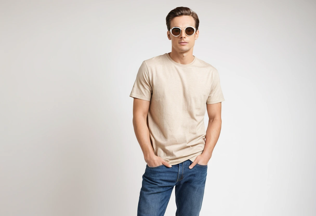 Men's solid beige half sleeve round neck t-shirt.