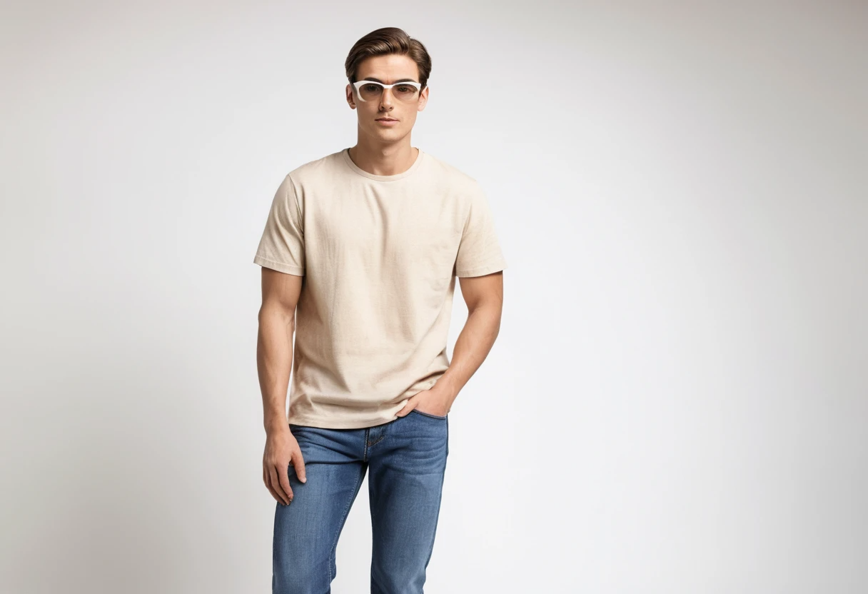 Men's solid beige half sleeve round neck t-shirt.