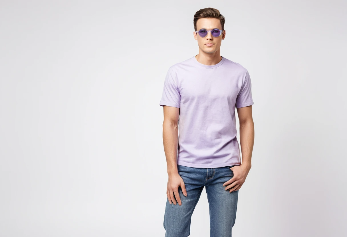 Men's solid lavender half sleeve round neck t-shirt.