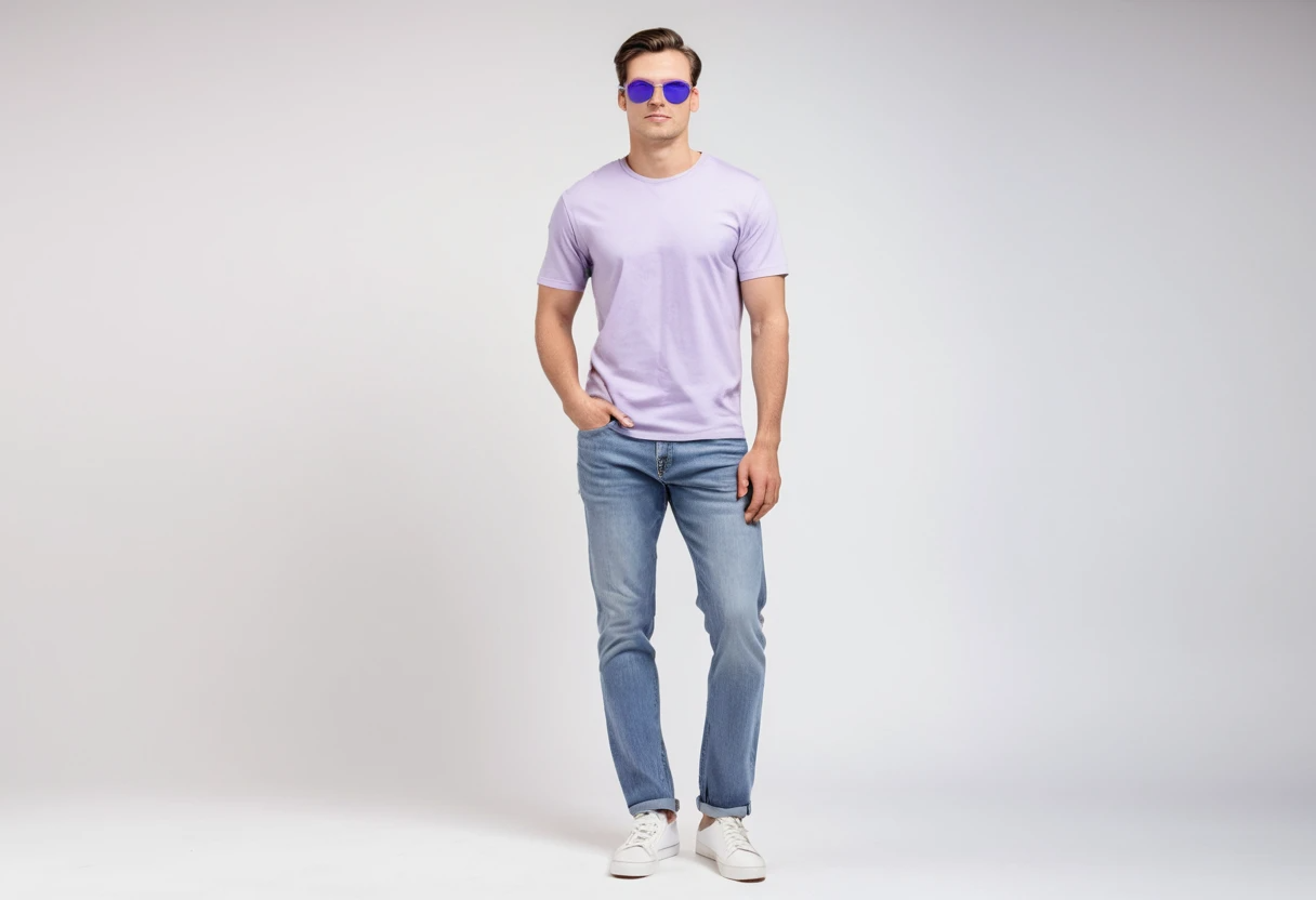 Men's solid lavender half sleeve round neck t-shirt.