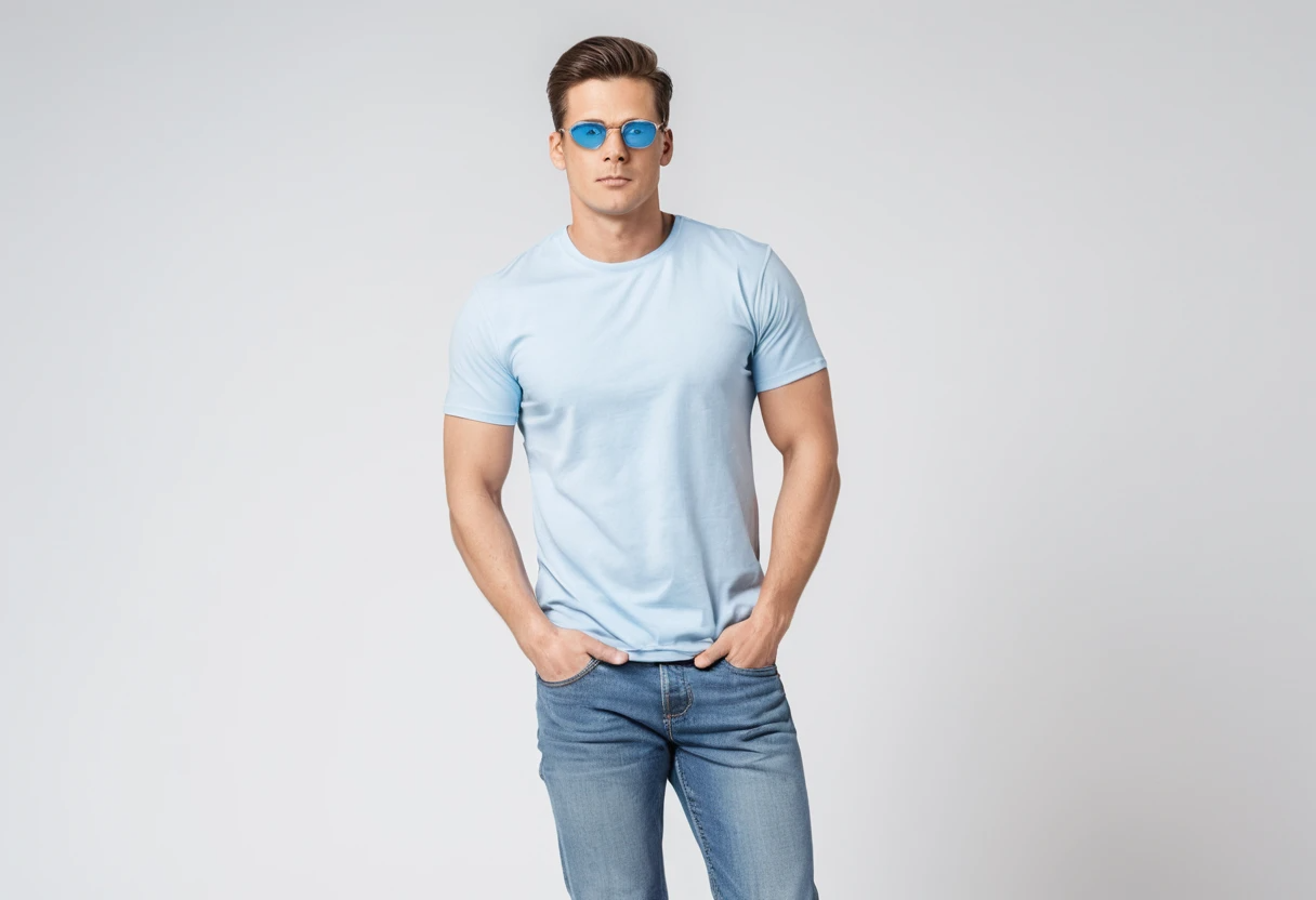 Men's solid baby blue half sleeve round neck t-shirt.