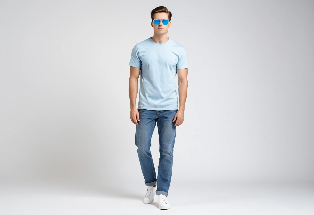 Men's solid baby blue half sleeve round neck t-shirt.