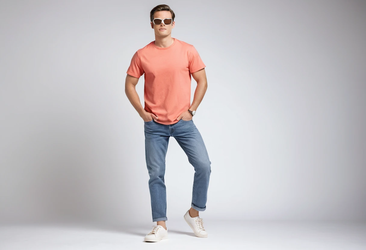 Men's solid coral half sleeve round neck t-shirt.