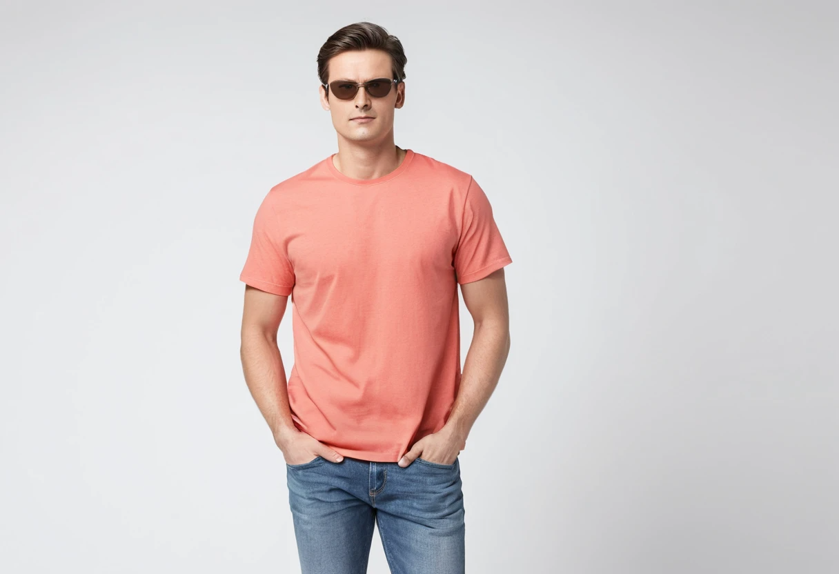 Men's solid coral half sleeve round neck t-shirt.