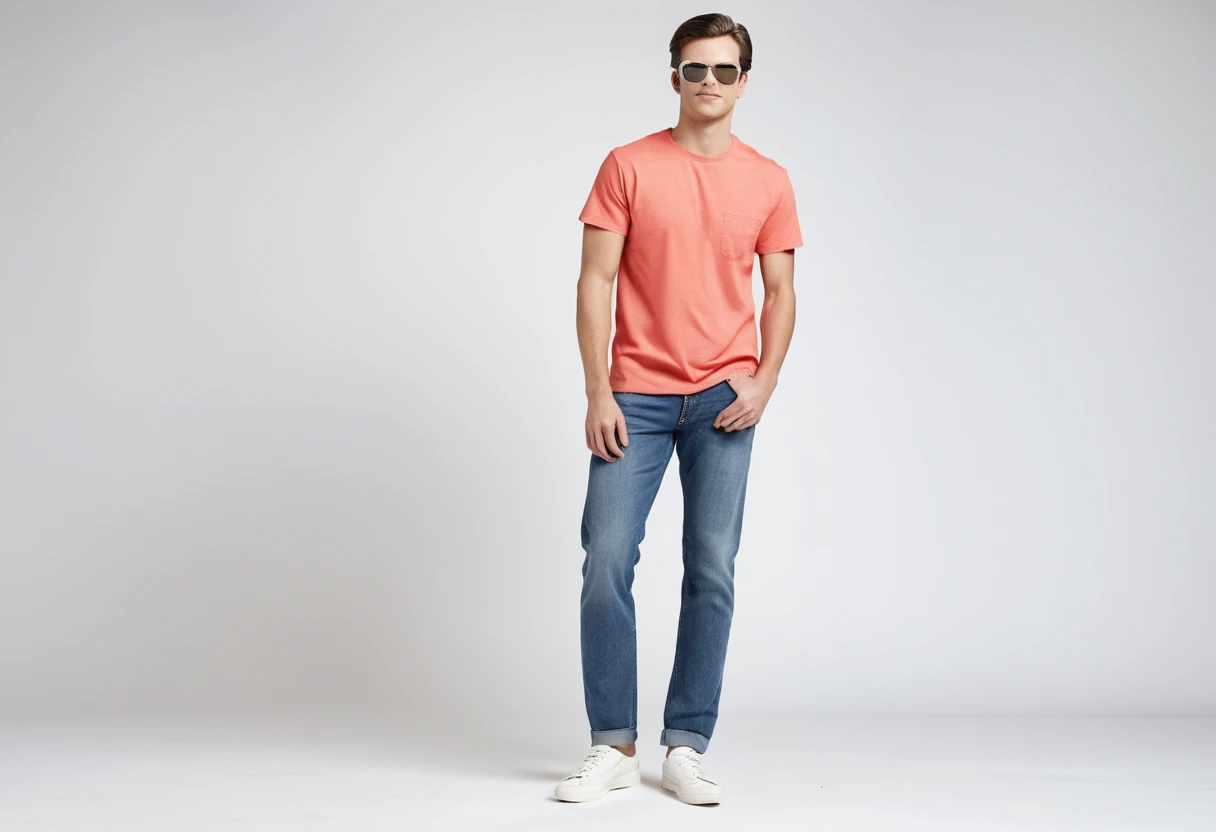 Men's solid coral half sleeve round neck t-shirt.